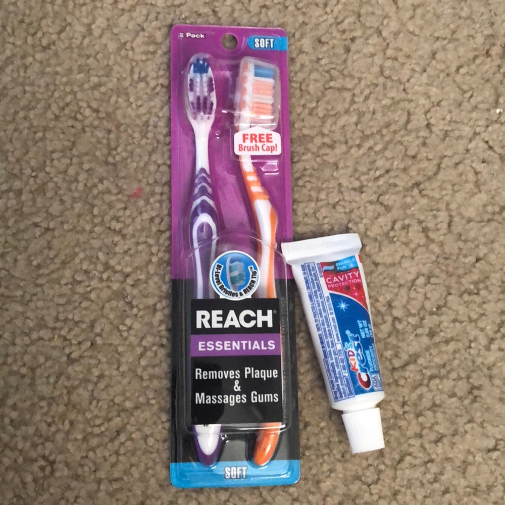 unopened or touched toothbrushes and toothpaste